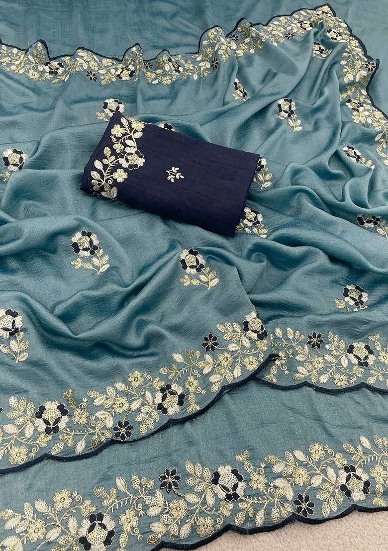 Slate Blue Floral Print Silk Saree Set - Indya
