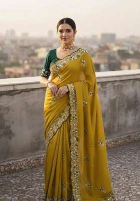 Yellow Floral Print Silk Saree Set