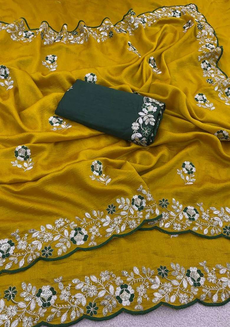 Yellow Floral Print Silk Saree Set - Indya