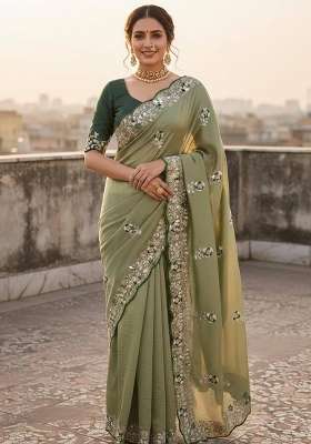 Pista Green Floral Print Silk Saree Set