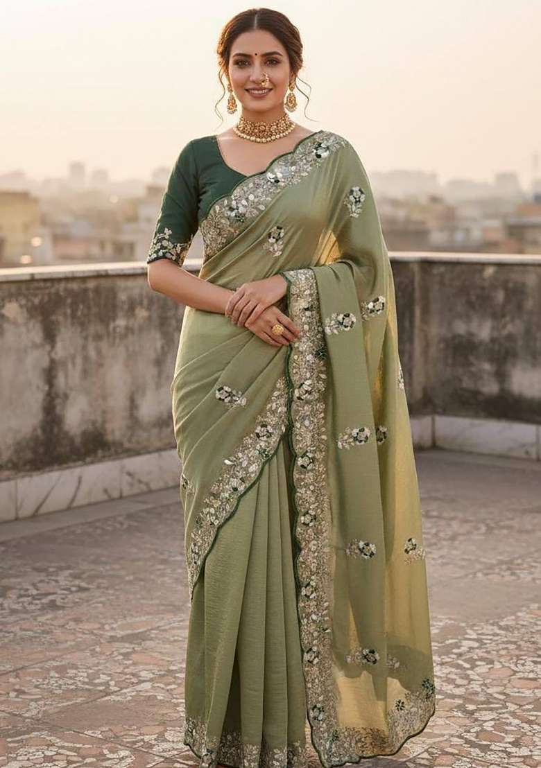 Pista Green Floral Print Silk Saree Set - Indya