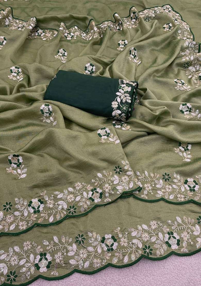 Pista Green Floral Print Silk Saree Set - Indya