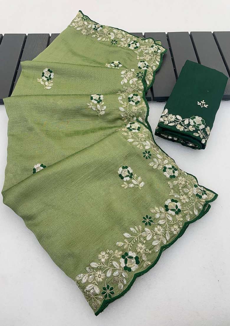 Pista Green Floral Print Silk Saree Set - Indya