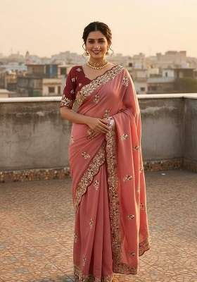 Peach Floral Print Silk Saree Set
