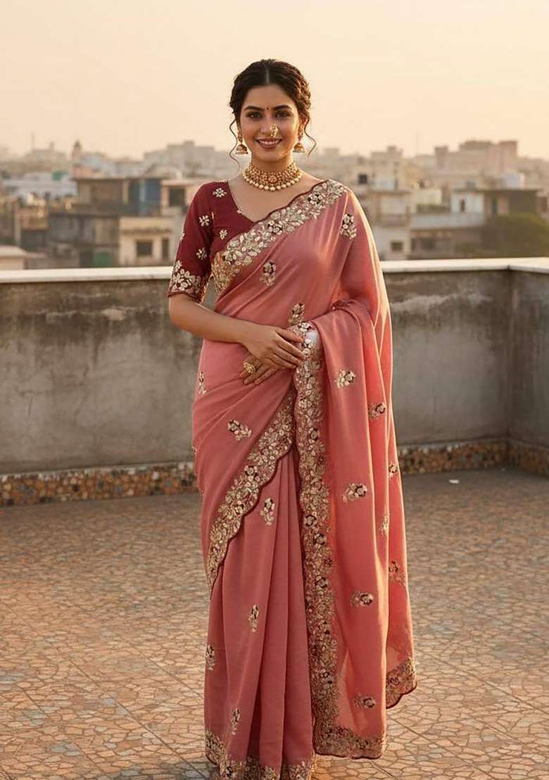 Peach Floral Print Silk Saree Set - Indya