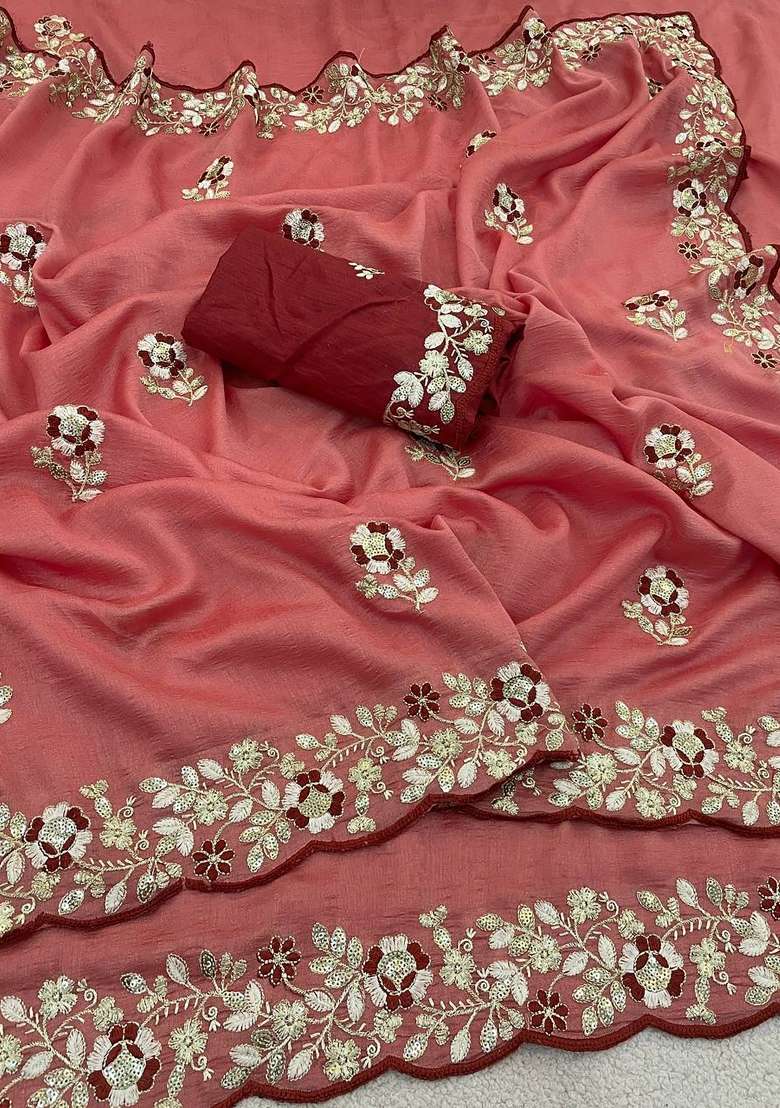 Peach Floral Print Silk Saree Set - Indya