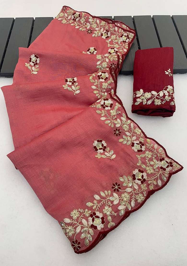 Peach Floral Print Silk Saree Set - Indya