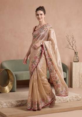 Beige Floral Print Jimmy Choo Saree Set