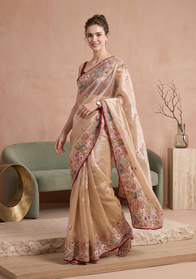 Beige Floral Print Jimmy Choo Saree Set - Indya