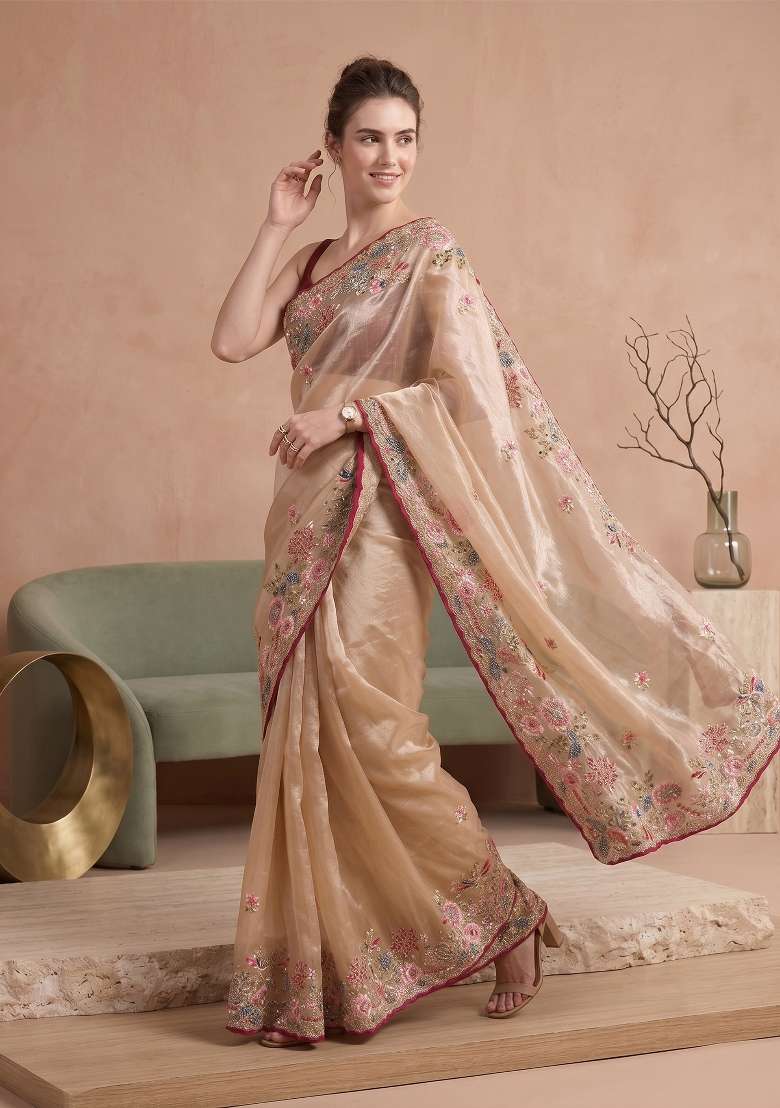 Beige Floral Print Jimmy Choo Saree Set - Indya