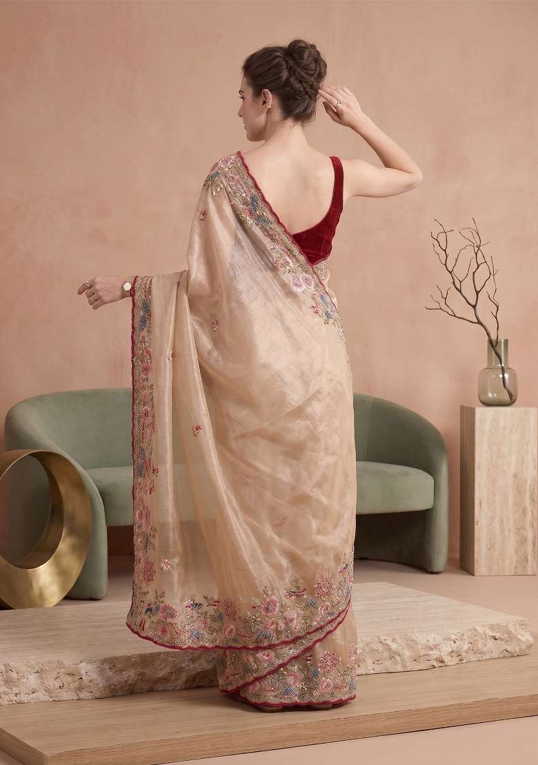 Beige Floral Print Jimmy Choo Saree Set - Indya