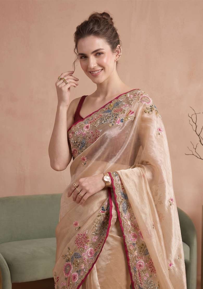 Beige Floral Print Jimmy Choo Saree Set - Indya