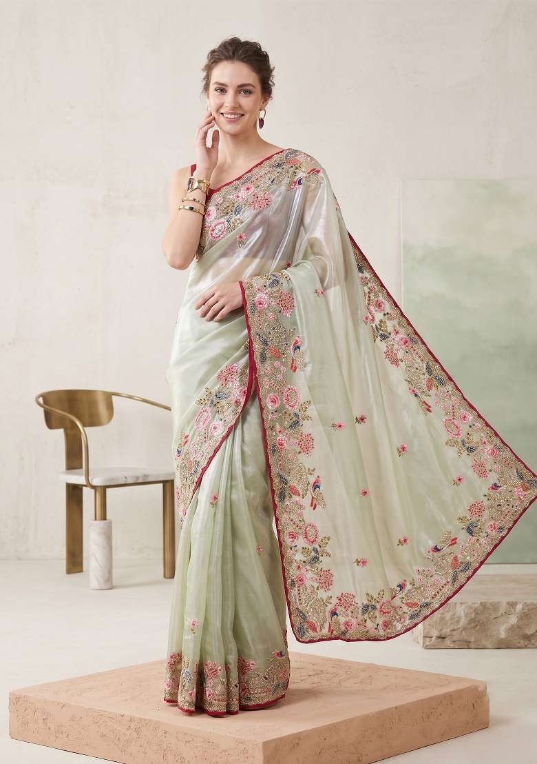 Green Floral Print Jimmy Choo Saree Set - Indya