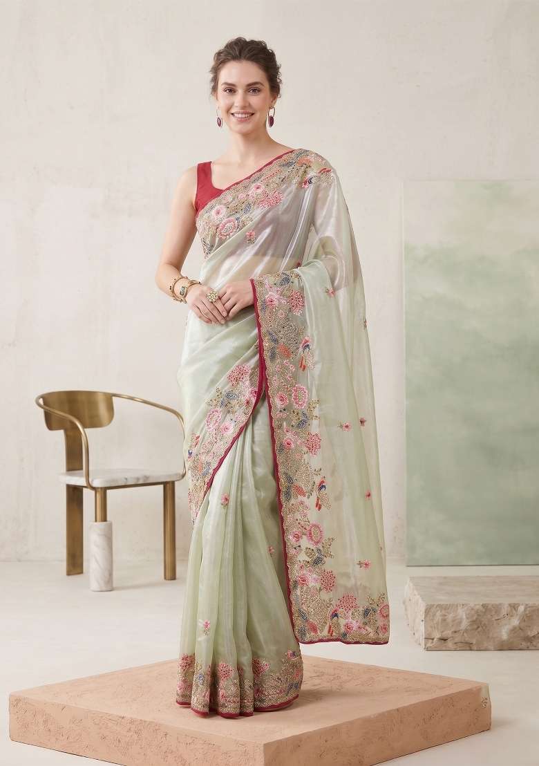 Green Floral Print Jimmy Choo Saree Set - Indya