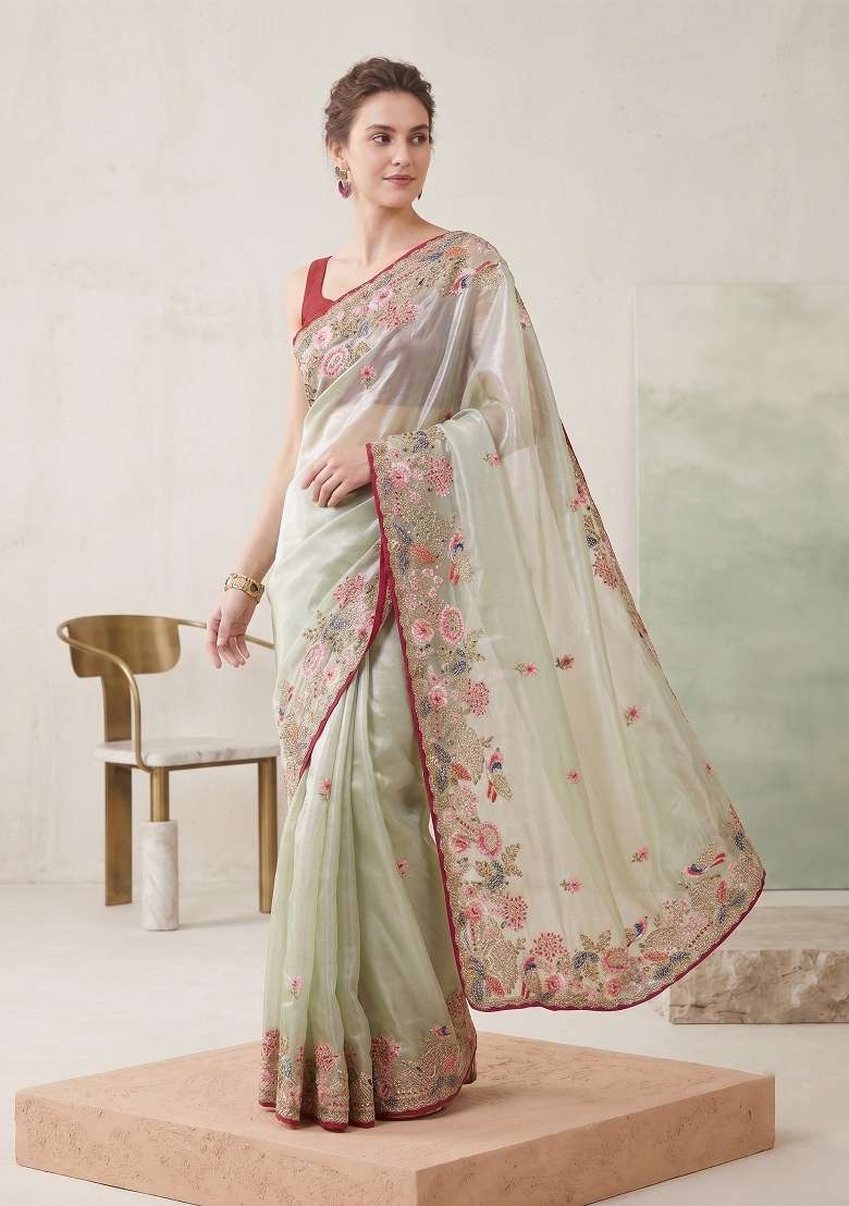 Green Floral Print Jimmy Choo Saree Set - Indya