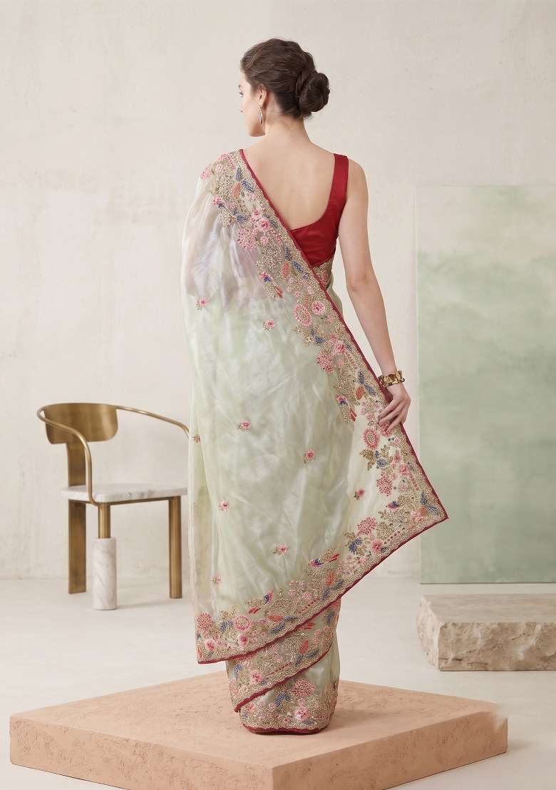 Green Floral Print Jimmy Choo Saree Set - Indya