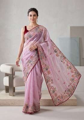 Pink Floral Print Jimmy Choo Saree Set