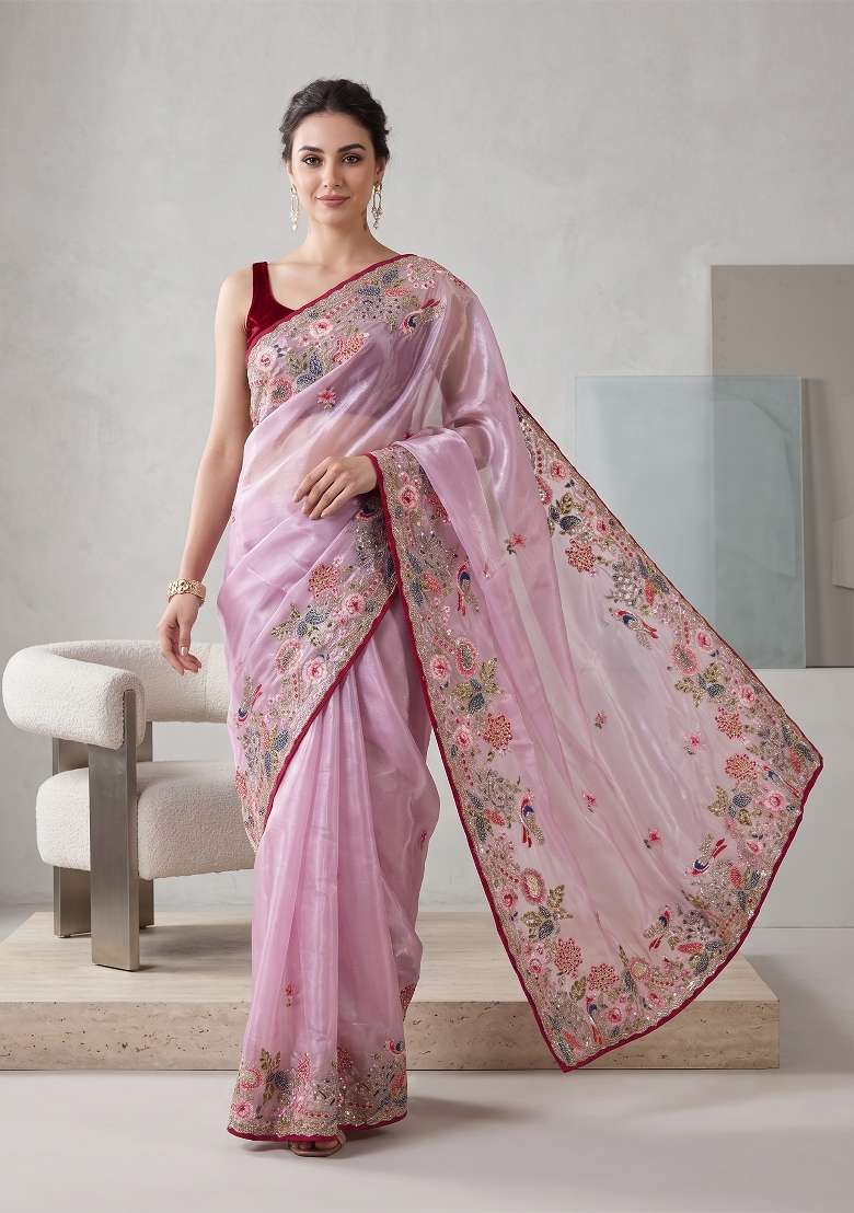 Pink Floral Print Jimmy Choo Saree Set - Indya