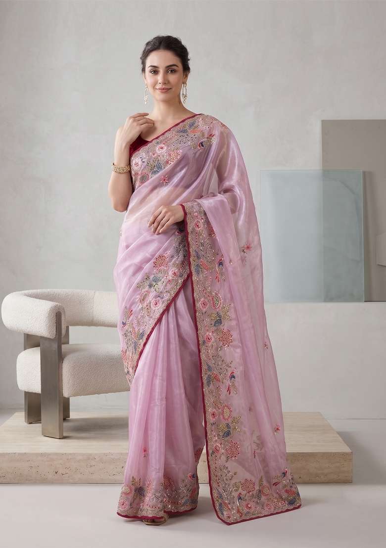 Pink Floral Print Jimmy Choo Saree Set - Indya