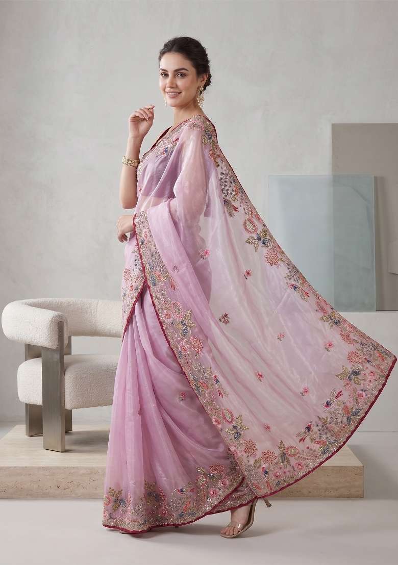 Pink Floral Print Jimmy Choo Saree Set - Indya
