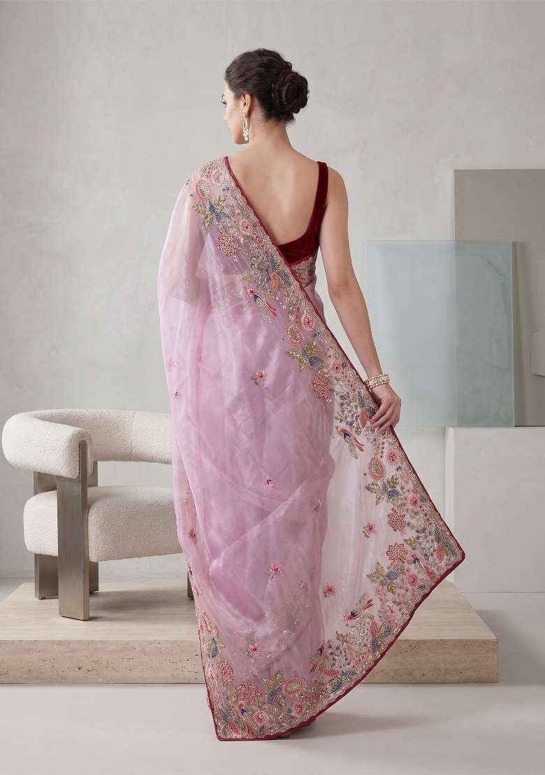 Pink Floral Print Jimmy Choo Saree Set - Indya