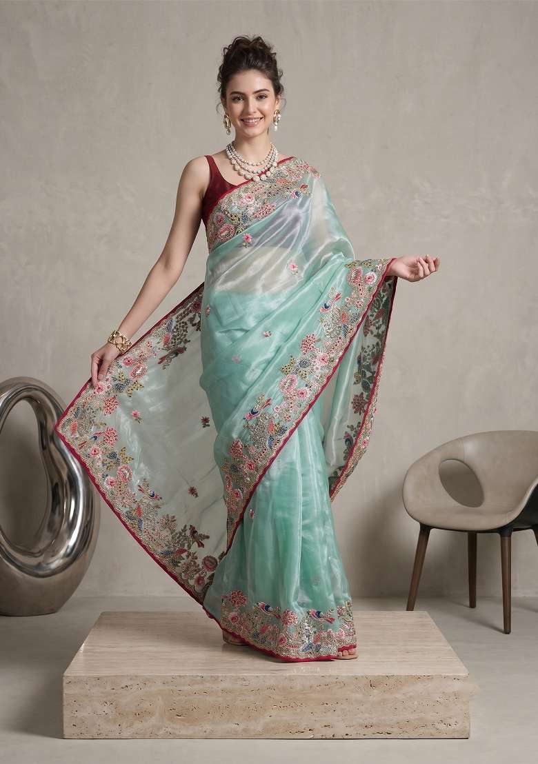 Sky Blue Floral Print Jimmy Choo Saree Set - Indya
