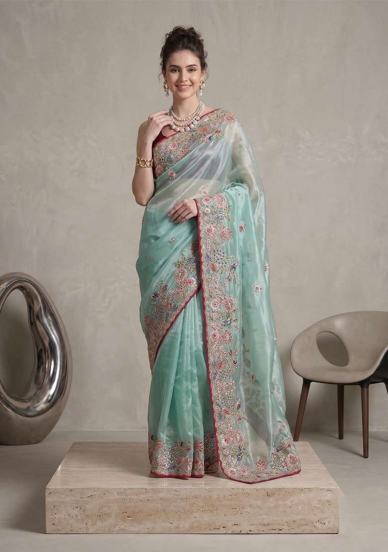 Sky Blue Floral Print Jimmy Choo Saree Set - Indya