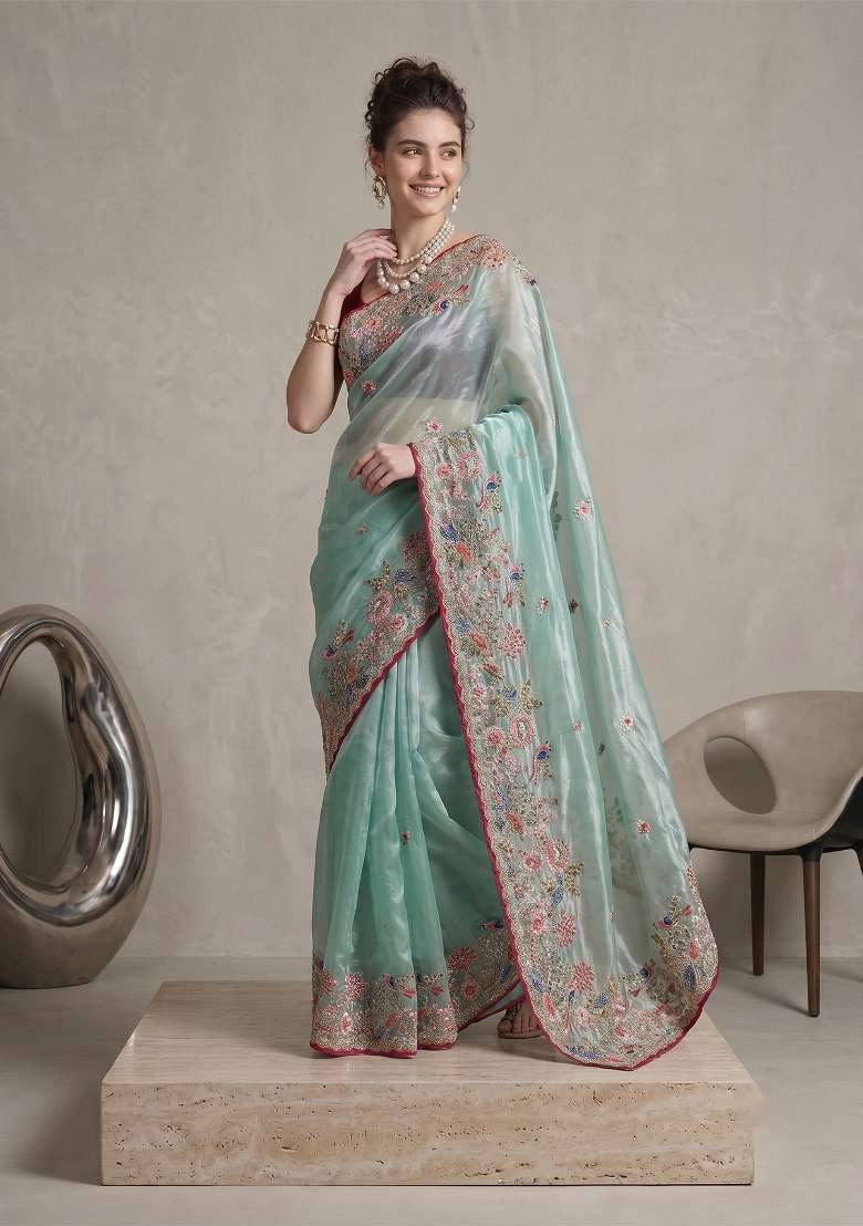 Sky Blue Floral Print Jimmy Choo Saree Set - Indya