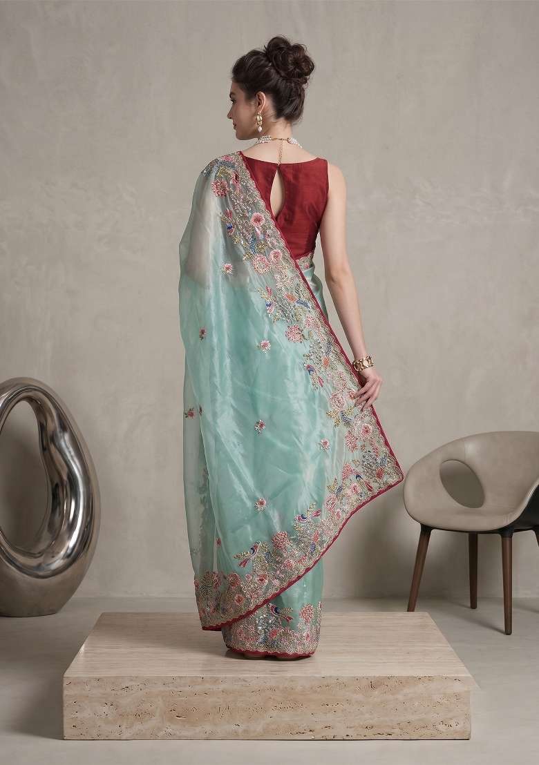 Sky Blue Floral Print Jimmy Choo Saree Set - Indya