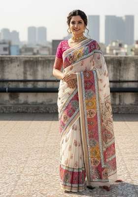 Off White Paisley Linen Saree Set