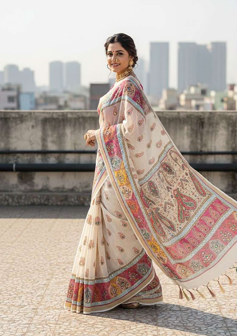 Off White Paisley Linen Saree Set - Indya