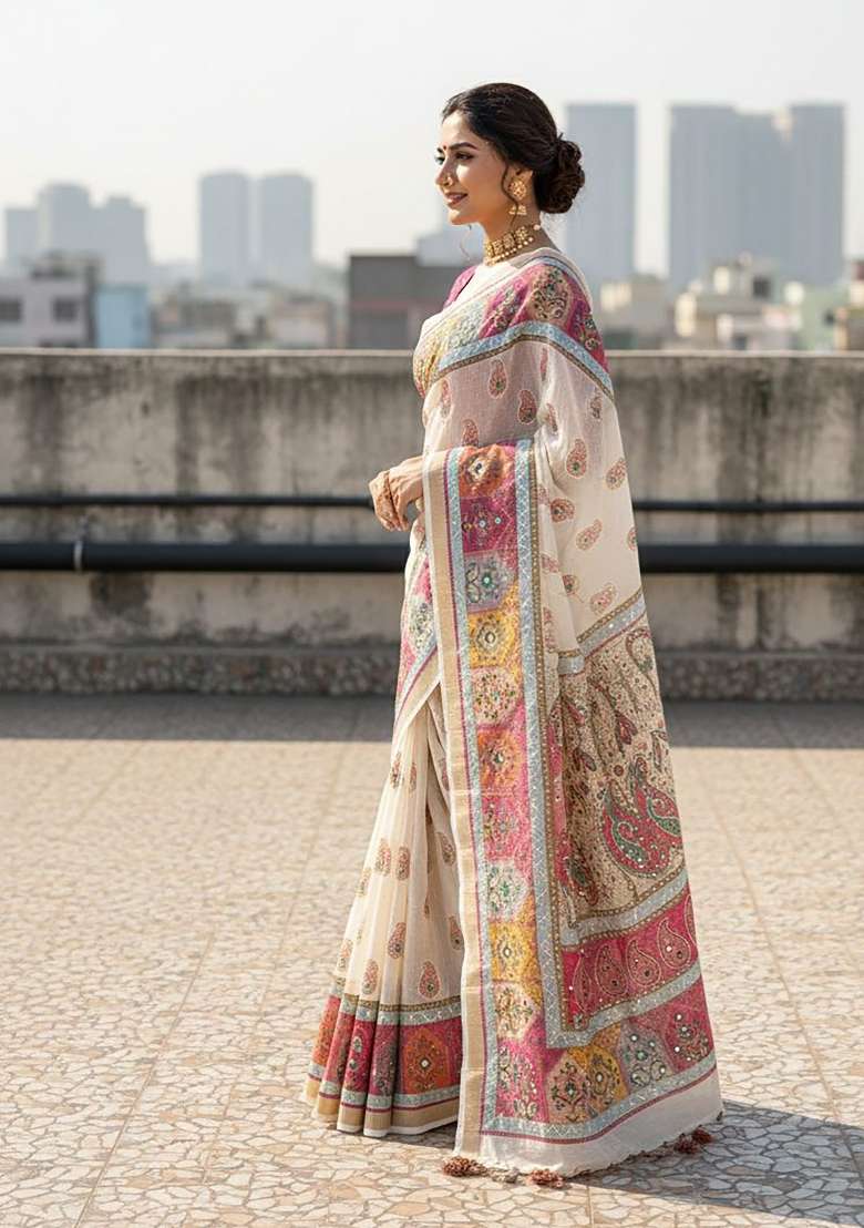 Off White Paisley Linen Saree Set - Indya
