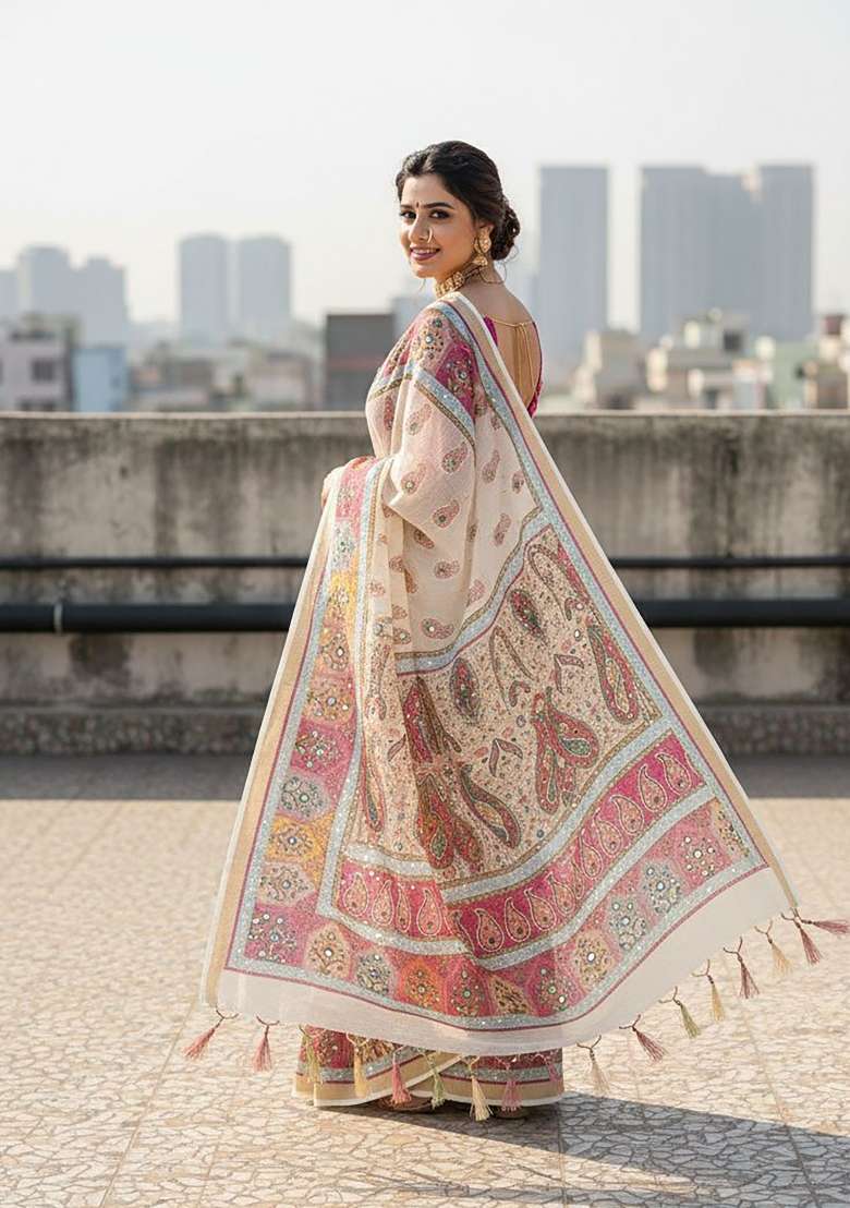 Off White Paisley Linen Saree Set - Indya
