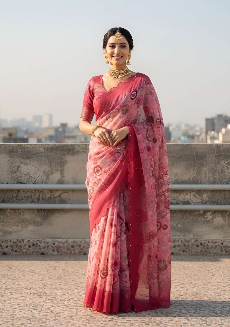 Pink Floral Print Silk Saree Set - Indya