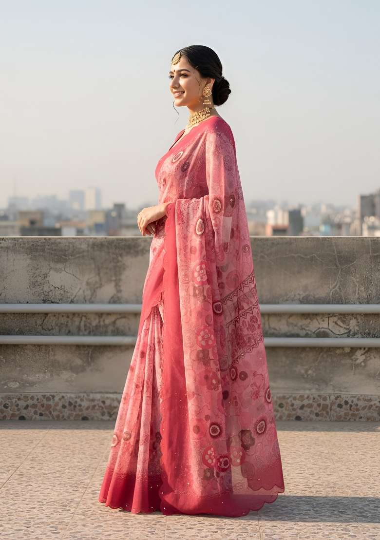 Pink Floral Print Silk Saree Set - Indya