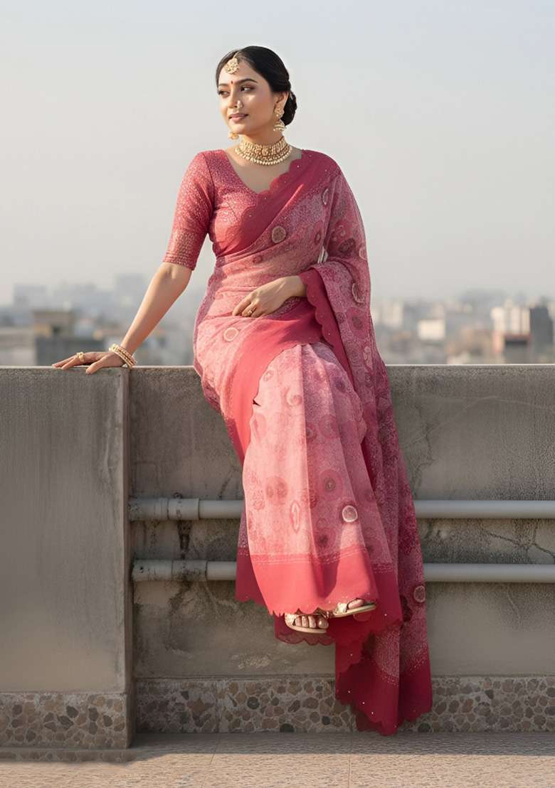 Pink Floral Print Silk Saree Set - Indya