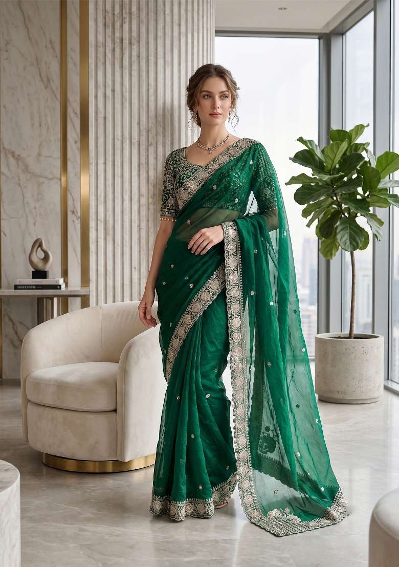 Green Butta Work Satin Saree Set - Indya