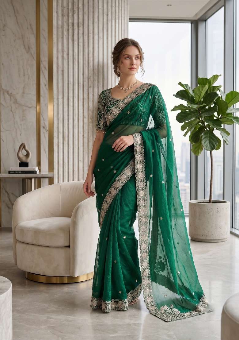 Green Butta Work Satin Saree Set - Indya