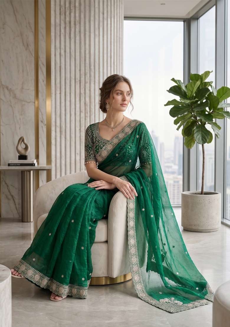Green Butta Work Satin Saree Set - Indya