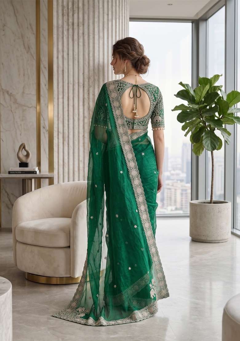 Green Butta Work Satin Saree Set - Indya