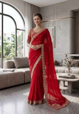 Red Butta Work Satin Saree Set