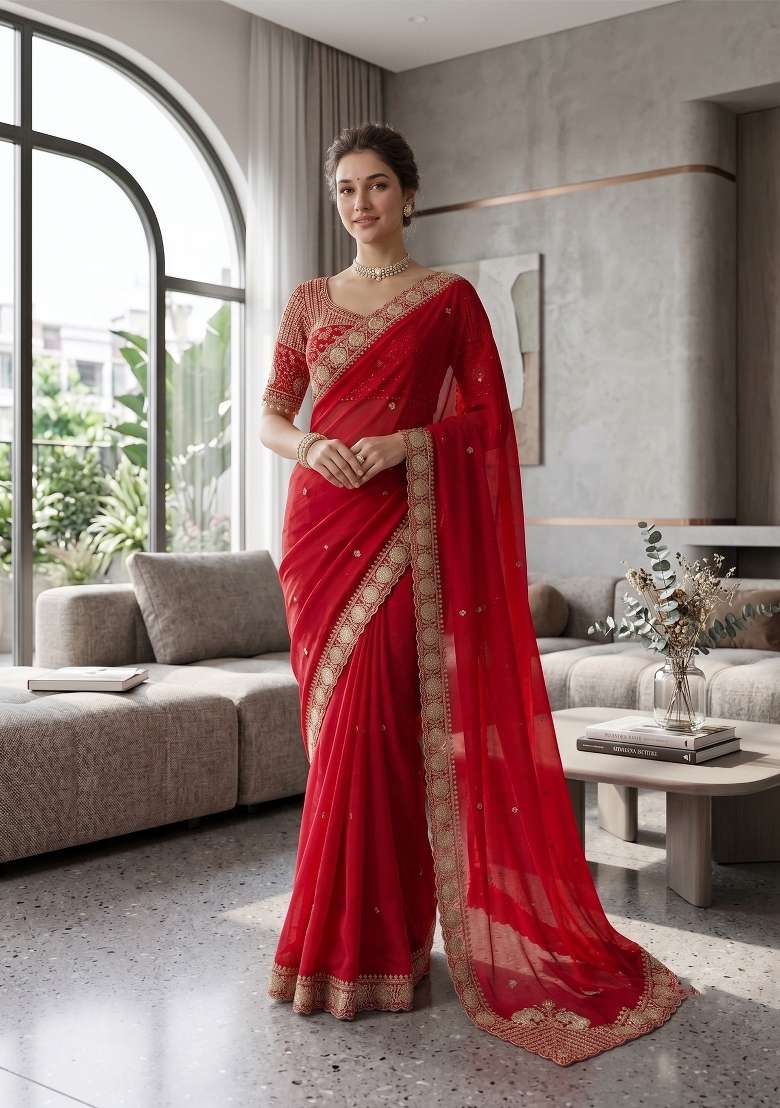 Red Butta Work Satin Saree Set - Indya