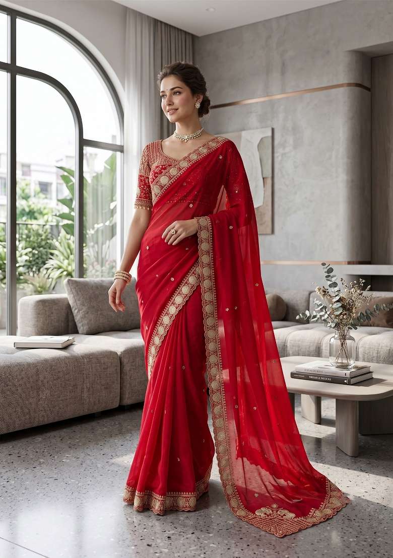 Red Butta Work Satin Saree Set - Indya