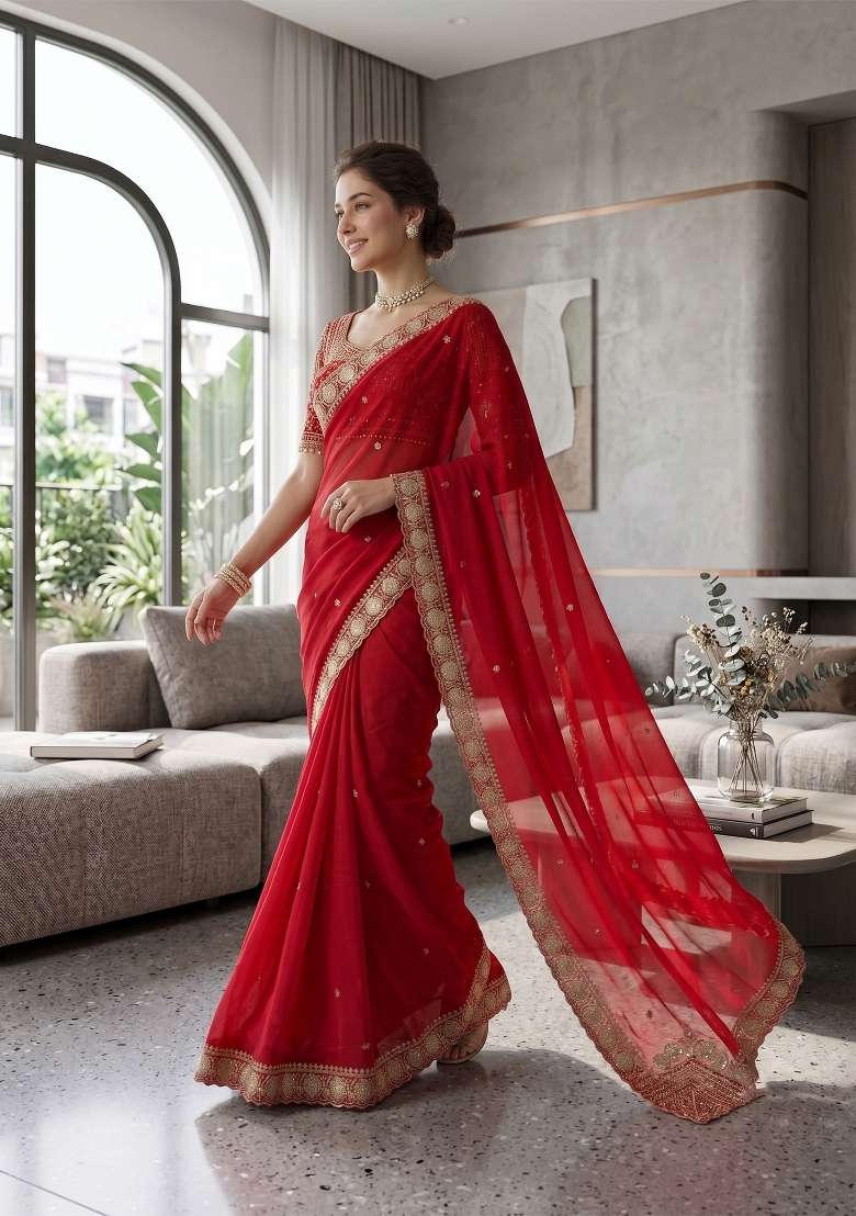 Red Butta Work Satin Saree Set - Indya