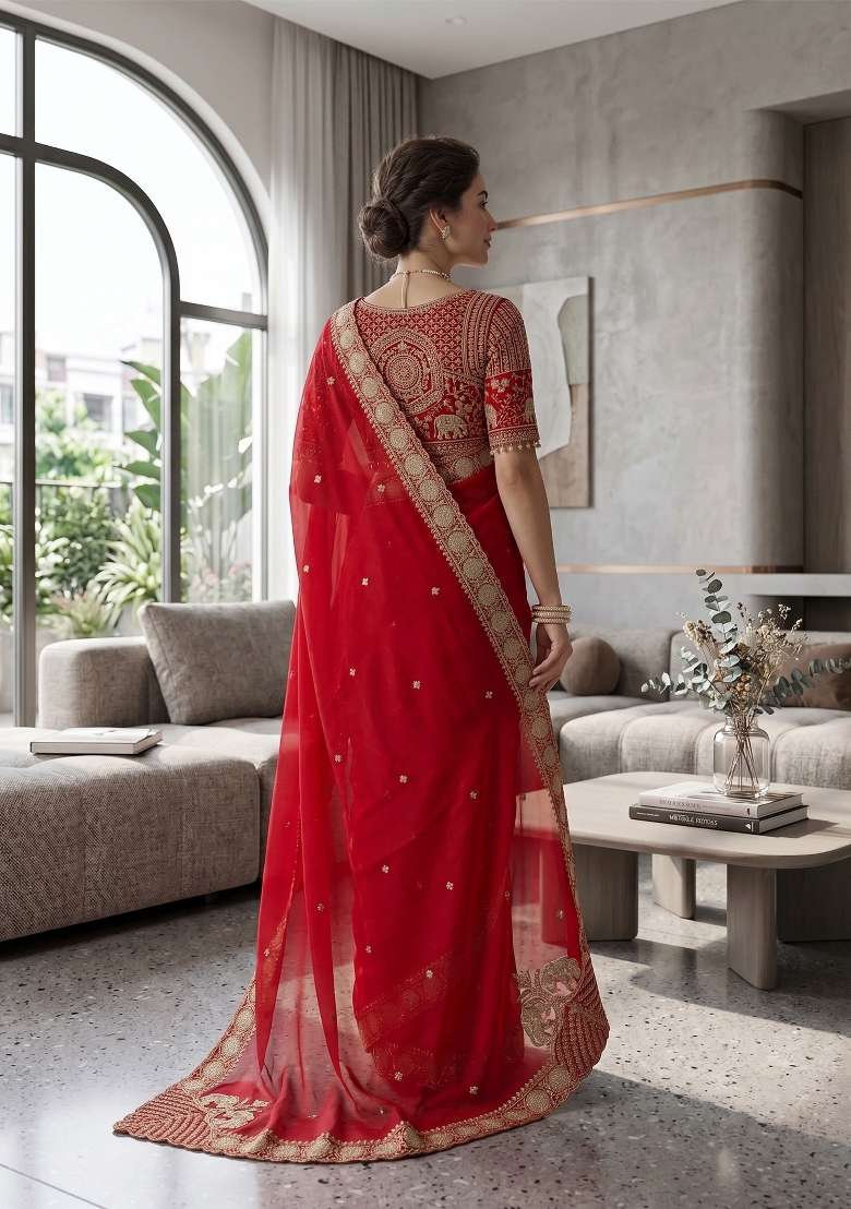 Red Butta Work Satin Saree Set - Indya