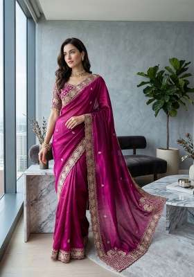 Wine Butta Work Satin Saree Set