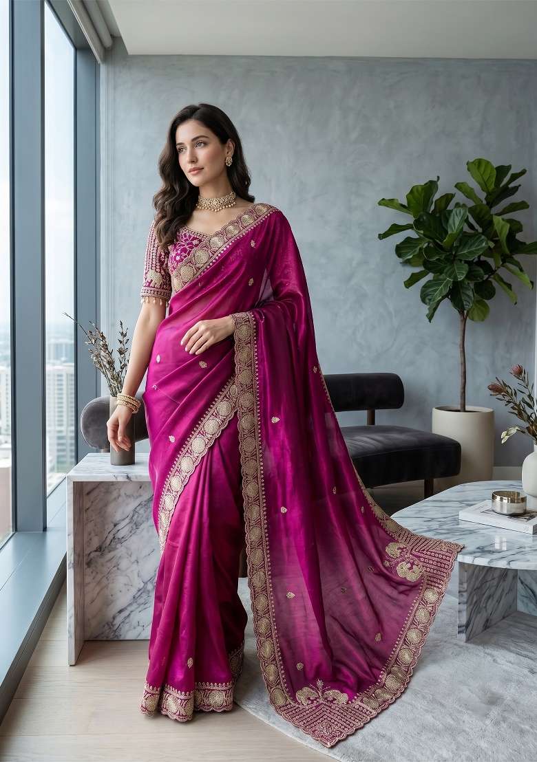 Wine Butta Work Satin Saree Set - Indya