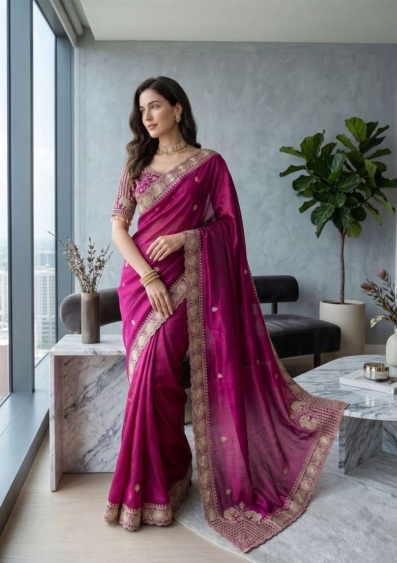 Wine Butta Work Satin Saree Set - Indya