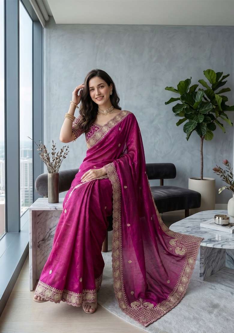 Wine Butta Work Satin Saree Set - Indya