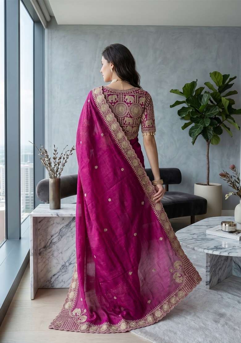 Wine Butta Work Satin Saree Set - Indya